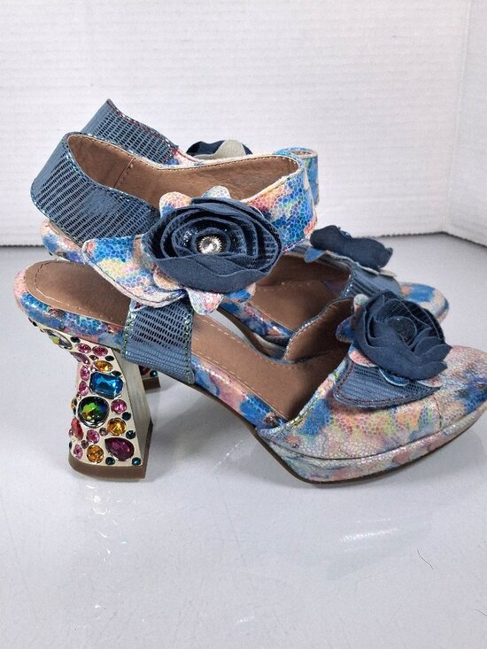 L'artiste Shoes - L'ARTISTE Smashing Blue Floral Sandal Multicolor Jeweled Block Heel US 8.5 Eu 39